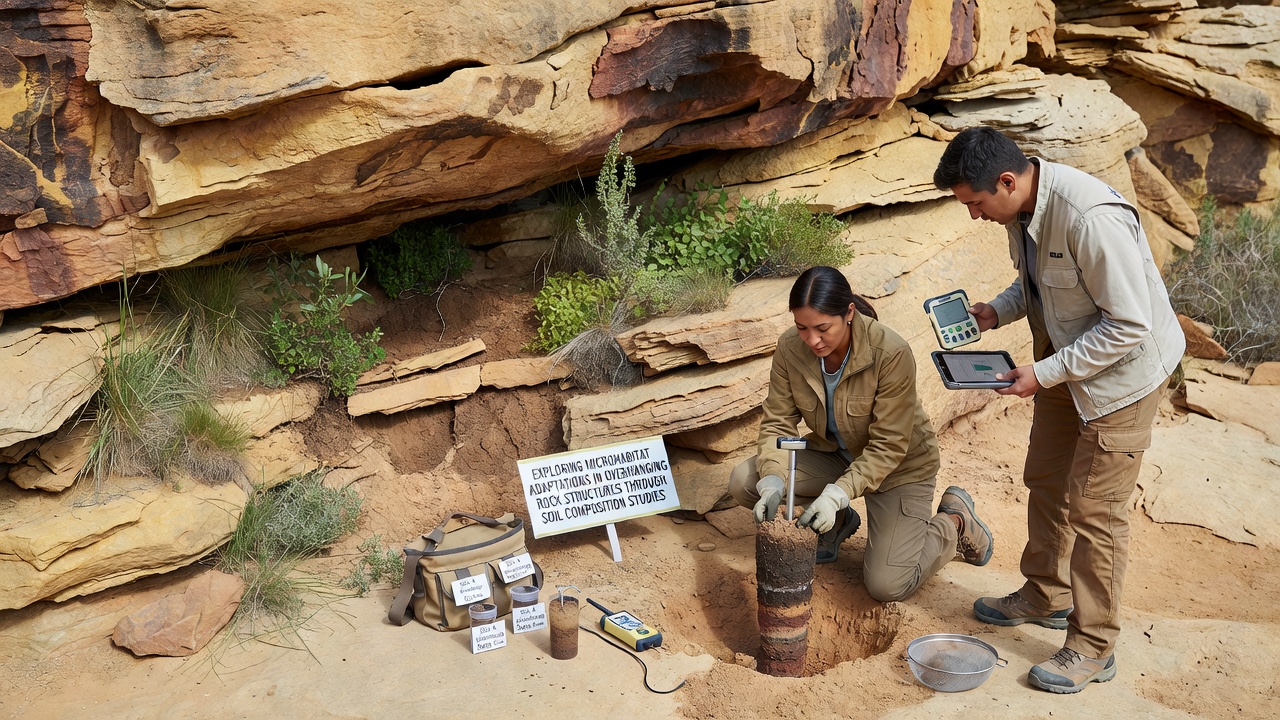 Close-up view of soil layers and root systems in a microhabitat under a rock overhang