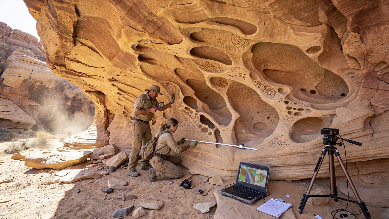 Wide-angle photograph of multiple rock overhangs in an arid canyon system illustrating varying degrees of undercutting and fracture development