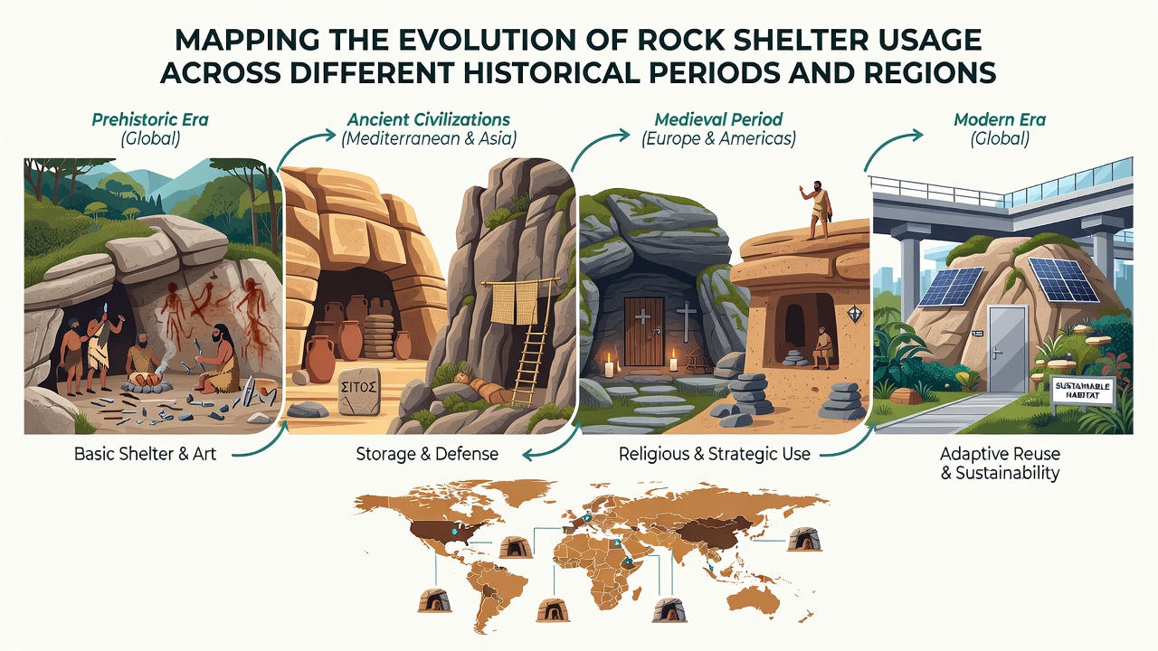 Detailed view of rock shelter interiors with layered archaeological deposits from multiple historical periods